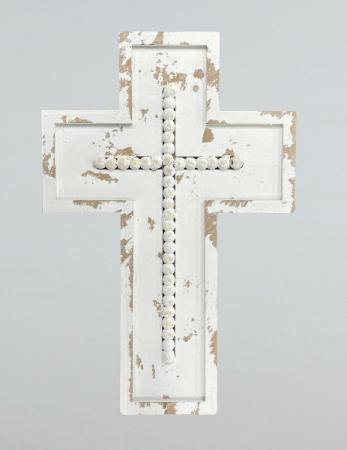 Distressed White Cross with Beads  in Yankton, SD | Pied Piper Flowers & Gifts