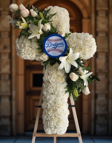 Dodger Tribute Cross Funeral Arrangement in Whittier, CA | Rosemantico Flowers Dodger Tribute Cross Funeral Arrangement in Whittier, CA | Rosemantico Flowers