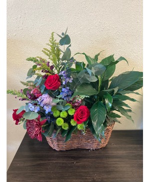 Double basket 6 inch green plant with floral arrangement 