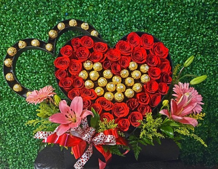 Double heart shaped box with chocolates and roses  