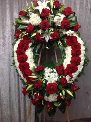 DOUBLE RED/WHT CIRCLE OF LIFE WREATH STANDING WREATH FOR A SERVICE/MEMORIAL