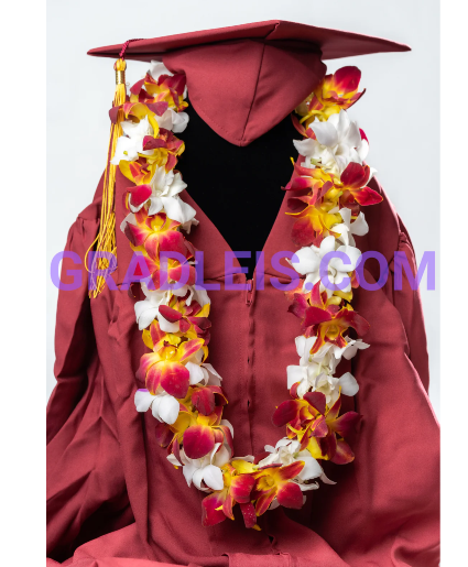 DOUBLE USC-TROJAN AND WHITE ORCHID LEI GRADUATION LEI