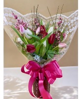 Dozen and a Half Tulip Wrapped Bouquet- Comes with Vase (LGOE)