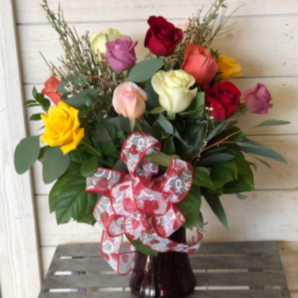 Dozen Assorted Color Roses Vase Arrangement 