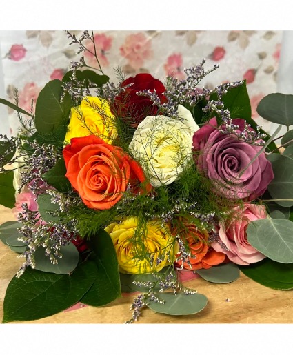 Dozen Assorted Color Roses Wrapped Bouquet 