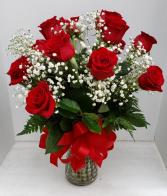 Dozen Beautiful Roses With Babys Breath  Vase Arrangement 