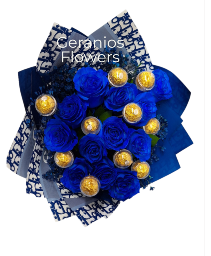 Dozen Blue Rose Wrapped Bouquet With Chocolate 