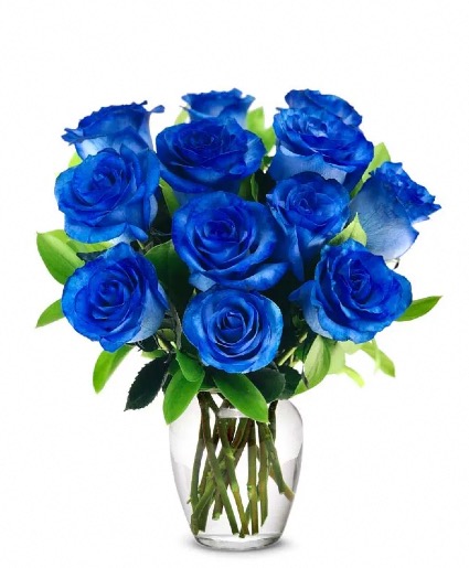 Dozen Blue Roses Clear Vase