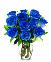 Dozen Blue Roses Clear Vase
