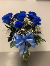 Dozen Blue roses Vased 