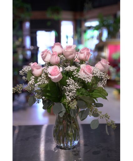 Dozen Blush Pink Roses Vased With Baby's Breath