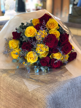 Dozen Burgundy Yellow Roses Wrapped Bouquet In La Mirada Ca La Mirada Flowers 4 Less