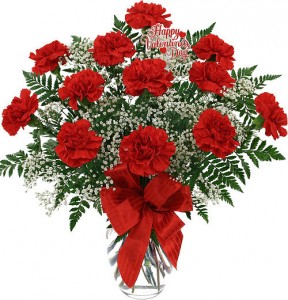 Dozen Red Carnations arranged in vase with babies breath, greens