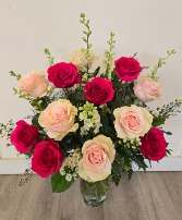 Dozen Coloured Roses Vase Arrangement