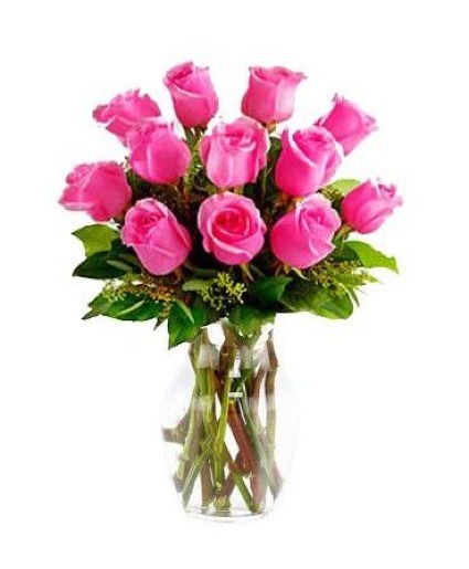 Dozen Hot Pink Roses Vase 