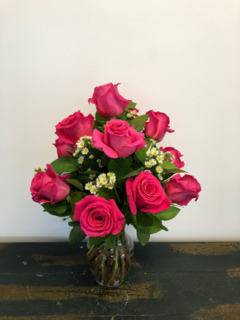 Dozen Hot Pink Roses Vase Arrangement