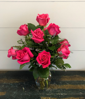Dozen Hot Pink Roses Vase Arrangement