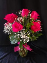 Dozen Hot Pink roses with Baby Breath Valentine