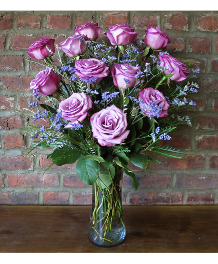 Dozen Lavender Roses Clear Vase 