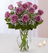 Dozen Lavender Roses in Vase Clear Vase