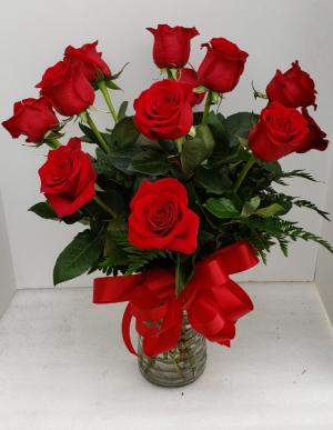 Dozen Long Stem Red Roses Vase Arrangement 