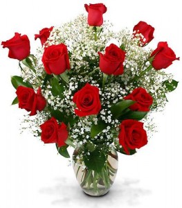 Dozen Long Stemmed Roses in Large Vase Dz Long Red Roses w/ Baby's Breath