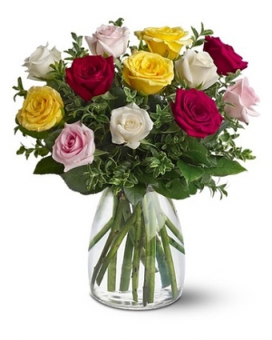 Dozen Mixed Color Roses Floral Arrangement 