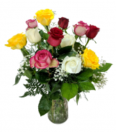 Dozen Mixed Colored Roses Flower Arrangement
