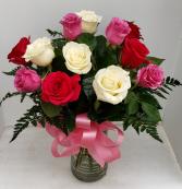 Dozen Mixed Colored Roses Vase Arrangement 