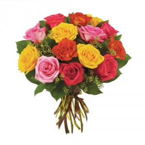 Dozen Mixed Colored Roses Wrapped Bouquet