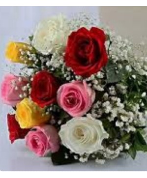 DOZEN MIXED ROSES PRESENTATION BOUQUET.. Wrapping with babys breath and bow