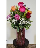 Dozen multi-colored roses Vase Arrangement