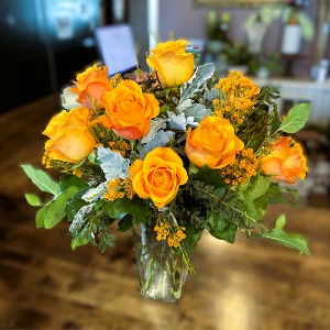 Dozen Orange Roses Vased 