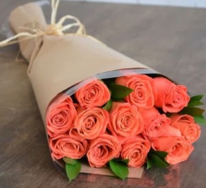 Dozen orange roses with greens Hand tied cut orange roses 