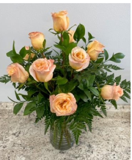 Dozen Peach Roses in a vase