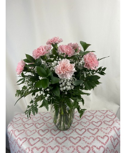 Dozen Pink Carnations Vased Arrangement