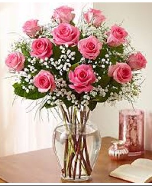 Dozen Pink Rose Rose Vase