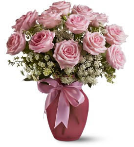 Dozen Pink Roses and Lace Vase