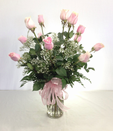 Dozen Pink Roses Arranged Call for availability
