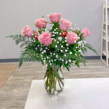 Dozen Pink Roses Vase Arrangement