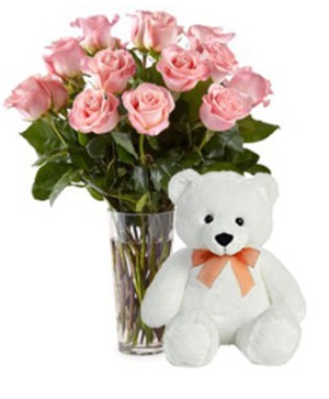 Dozen pink roses with Bear  
