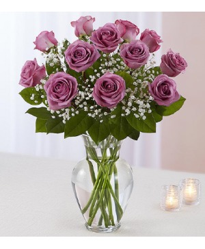 Dozen Purple Roses Vased Rose Arrangement