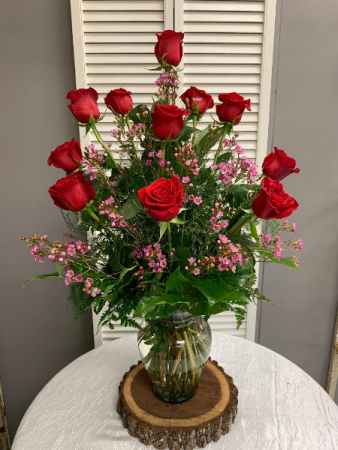 Dozen Red Rose Arrangement with Filler Tall Vase Arrangement