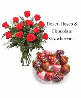 Dozen Red Rose & Chocolate Strawberries 