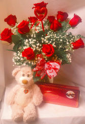 "LIGHT OF MY LIFE" DOZEN RED ROSES ARRANGED WITH   WITH BABY'S BREATH, MEDIUM  BEAR AND BOX OF CHOCOLATES! ALL IN ONE! 