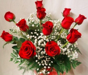 Dozen Red Roses arranged in a vase with baby's breath.