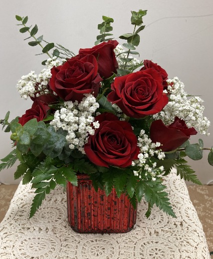 FBC Dozen Red Roses in Mercury Cube Fresh arrangement