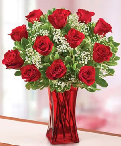 Dozen Red Roses in Red Taper Vase 