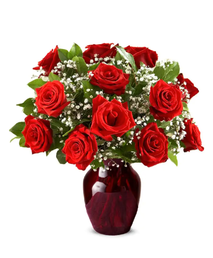 Dozen Red Roses in Red Vase 