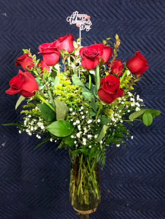 DOZEN RED ROSES W/ GREENS, BABYSBREATH & FILLERS VASE